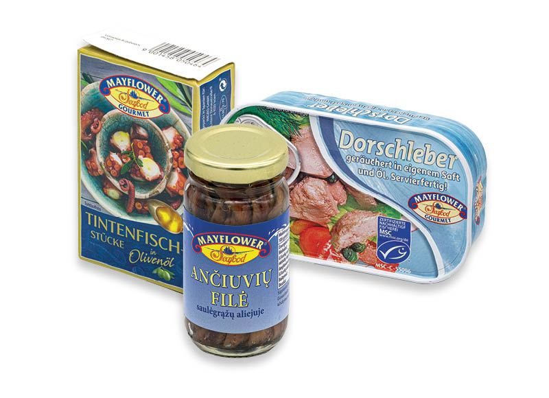 Žuvų konservams MAYFLOWER
			, 
				 100 g, 111 g, 120 g, 125 g, 4 rūšių. A lygio parduotuvėse