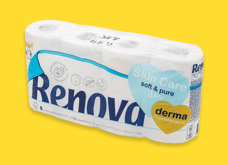 Tualetinis popierius RENOVA SKIN CARE
			, 
				 8 rit./pak., 0,27 Eur/rit. A lygio parduotuvėse