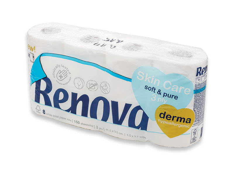 Tualetinis popierius RENOVA SKIN CARE
			, 
				 8 rit./pak., 0,27 Eur/rit. A lygio parduotuvėse