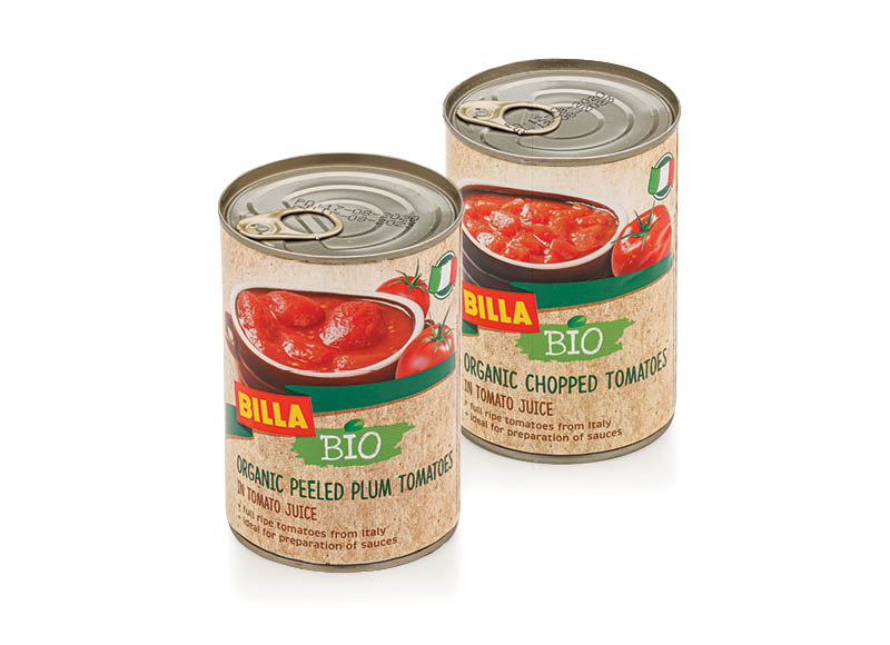 BILLA BIO ekologiškiems pomidorams, pomidorų tyrėms
			, 
				 425 ml, 680 ml, 3 rūšių. A lygio parduotuvėse