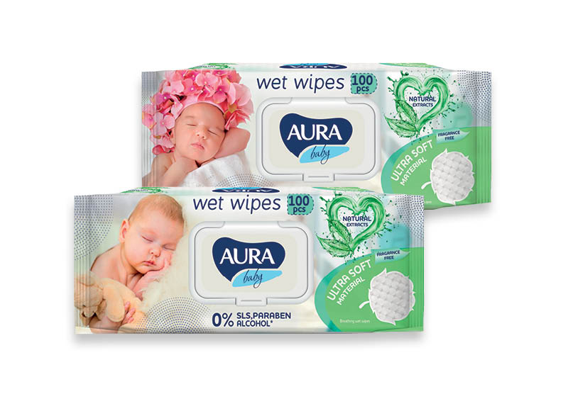 Drėgnosios servetėlės AURA BABY
			, 
				 100 vnt./pak., 0,02 Eur/vnt.