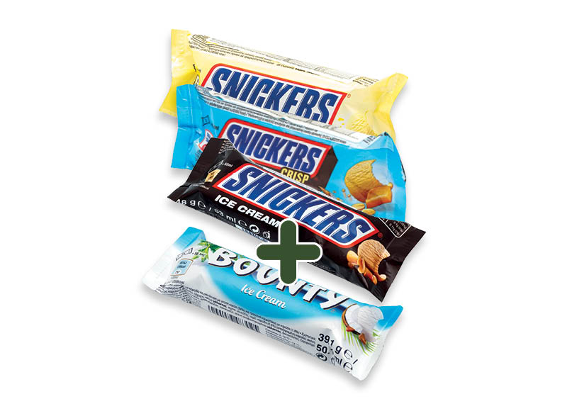 Valgomieji ledai SNICKERS, BOUNTY
			, 
				 4 rūšių, 0,79 Eur/vnt. A lygio parduotuvėse