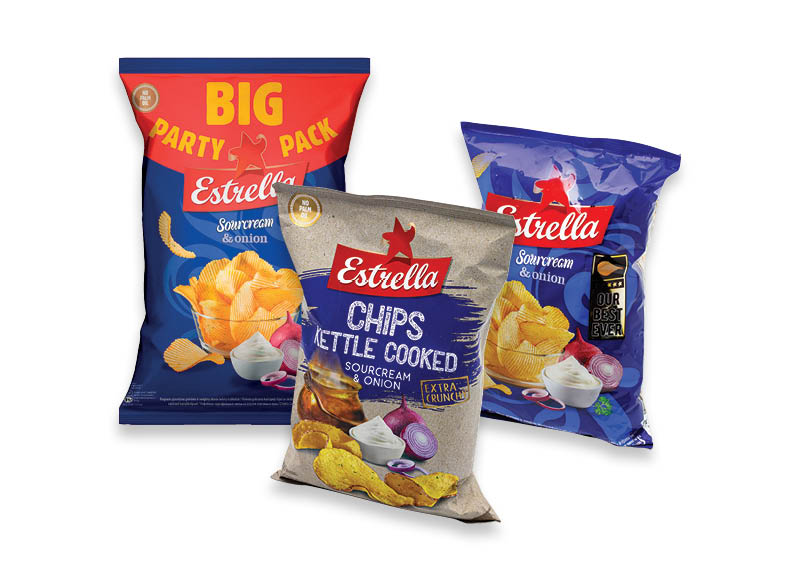 Grietinės ir svogūnų skonio bulvių traškučiams ESTRELLA
			, 
				 120 g, 130 g, 180 g, 250 g, 6 rūšių. Ir IKI EXPRESS
