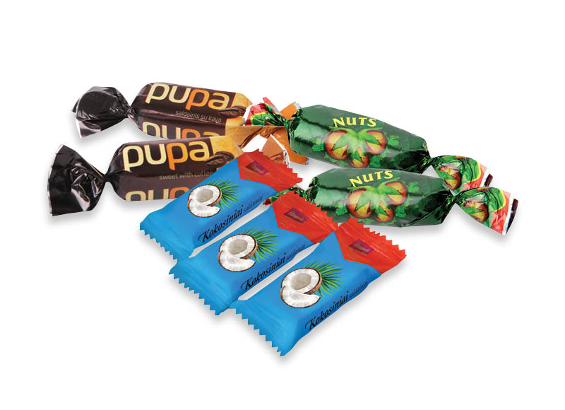 Sveriami saldainiai PUPA, NUTS ir KOKOSINIAI
			, 
				 3 rūšių. A lygio parduotuvėse