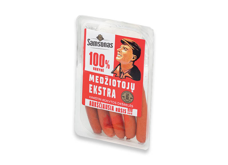 Karštai rūkytos SAMSONO dešrelės MEDŽIOTOJŲ EKSTRA
			, 
				 200 g, a. r., 9,95 Eur/kg. A lygio parduotuvėse