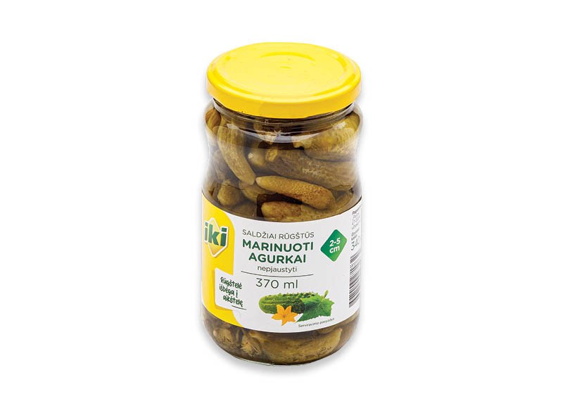 IKI saldžiarūgščiai marinuoti agurkai
			, 
				 340 g, 2,62 Eur/kg. Ir IKI EXPRESS