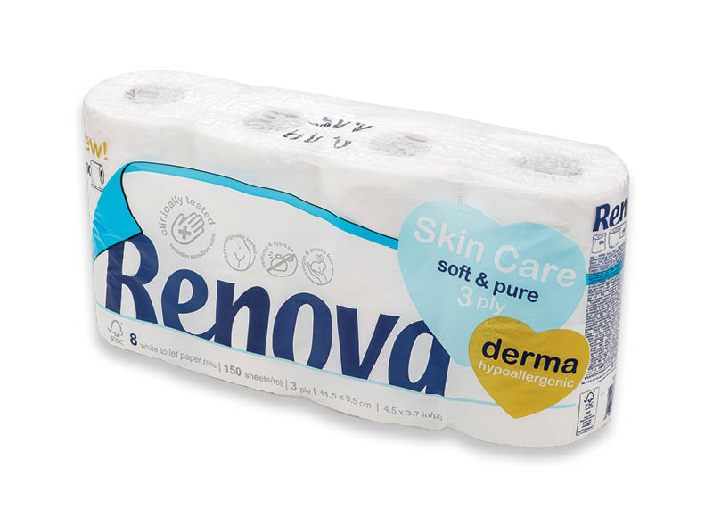 Tualetinis popierius RENOVA SKIN CARE DERMA
			, 
				 8 rit./pak., 3 sl., 0,25 Eur/rit. A lygio parduotuvėse