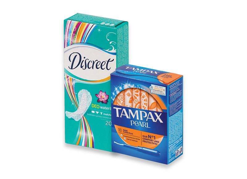 Higieniniams įklotams, tamponams DISCREET ir TAMPAX