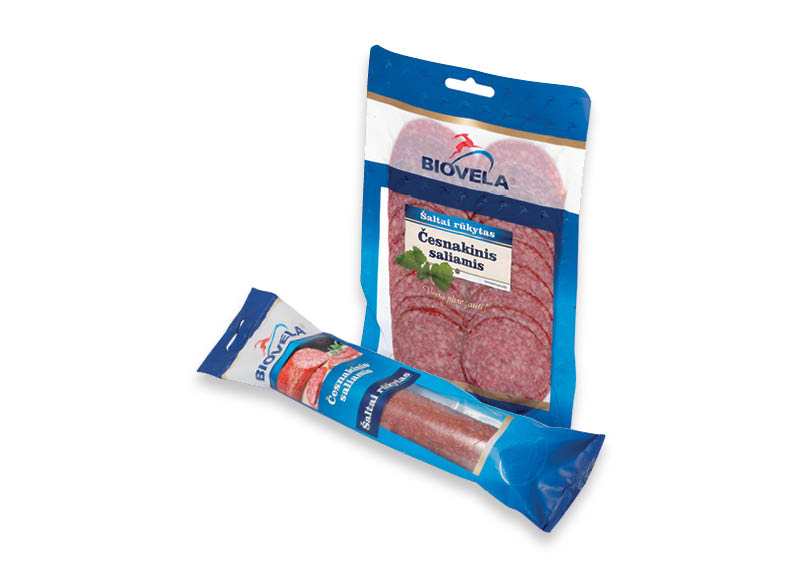 BIOVELA šaltai rūkytam česnakiniam saliamiui
			, 
				 110 g, 230 g, 2 rūšių. Ir IKI EXPRESS