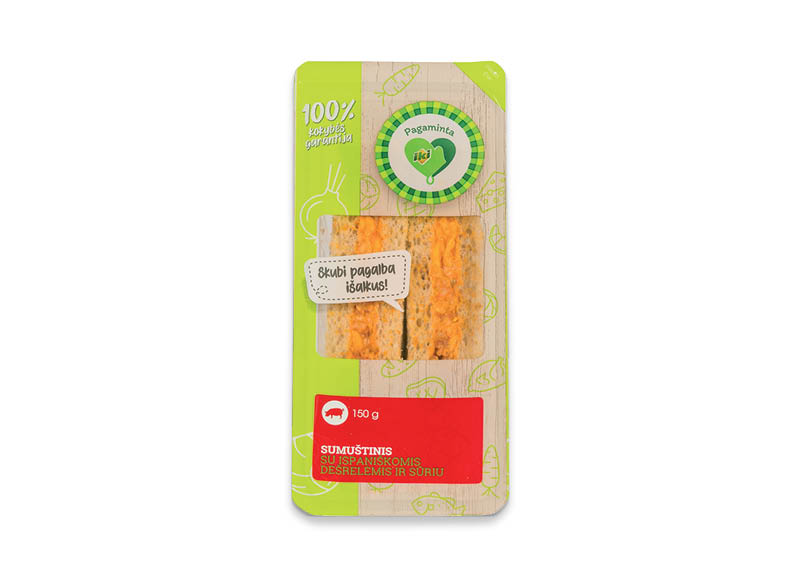 PAGAMINTA IKI trikampis sumuštinis su ISPANIŠKOMIS dešrelėmis ir sūriu
			, 
				 150 g, 12,60 Eur/kg. A lygio parduotuvėse