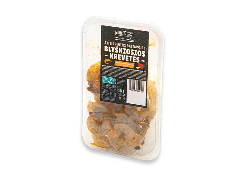 GRILL PARTY marinuotos atitirpintos blyškiosios krevetės
			, 
				 350 g, 23,83 Eur/kg. A lygio parduotuvėse