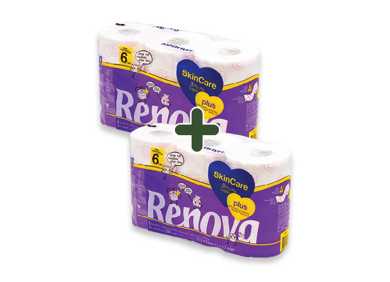 Tualetinis popierius RENOVA SKIN CARE
			, 
				 6 rit., 3 sl. 3,69 Eur/vnt. A lygio parduotuvėse