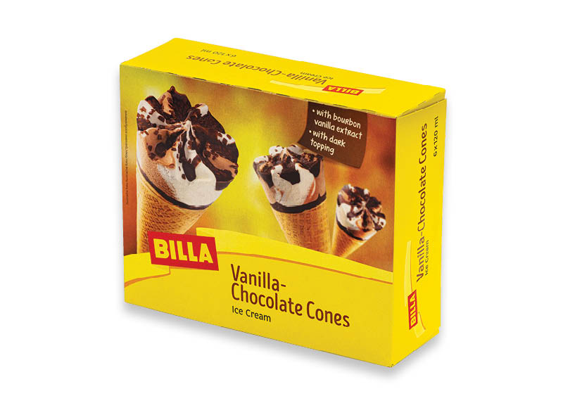 BILLA vanilės ir šokolado skonio valgomieji ledai vafliniame ragelyje
			, 
				 6 x 120 ml, 3,32 Eur/l A lygio parduotuvėse