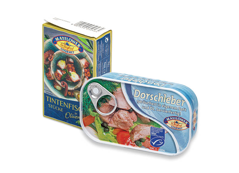 Žuvų konservams MAYFLOWER
			, 
				 100 g, 111 g, 120 g, 125 g. 4 rūšių. A lygio parduotuvėse
