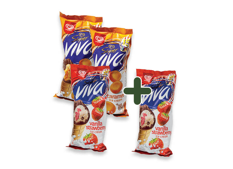 Valgomieji ledai SUPER VIVA vafliniuose puodeliuose
			, 
				 4 rūšių, 1,39 Eur/vnt. A lygio parduotuvėse