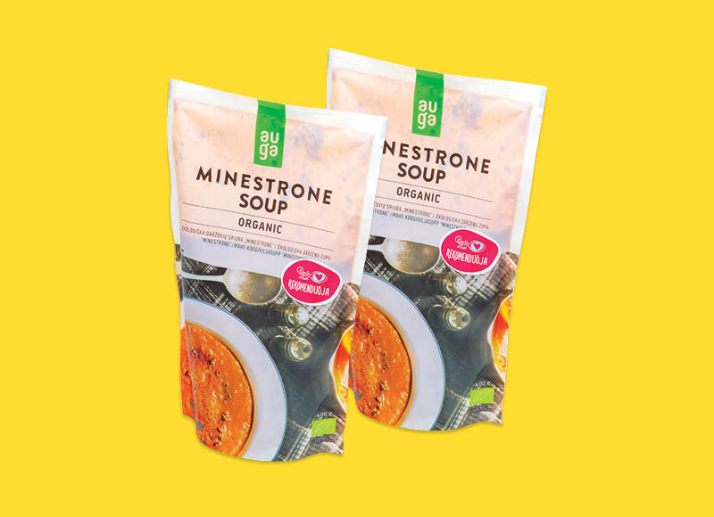 Ekologiška daržovių sriuba AUGA MINESTRONE
			, 
				 400 g, 2,23 Eur/kg A lygio parduotuvėse Ir IKI EXPRESS