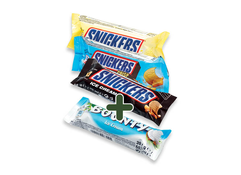 Valgomieji ledai SNICKERS, BOUNTY
			, 
				 4 rūšių 0,89 Eur/vnt. A lygio parduotuvėse