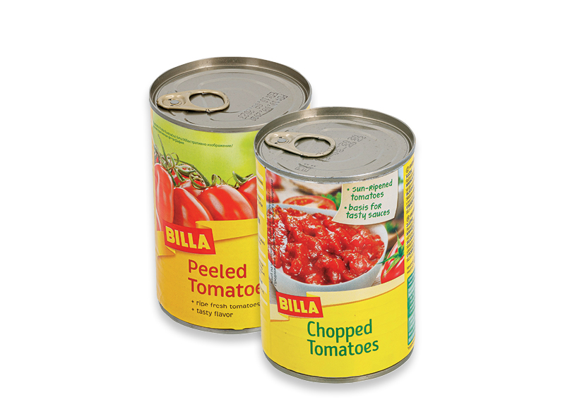 BILLA konservuotiems pomidorams
			, 
				 140 g, 400 g, 700 g, 4 rūšių. A lygio parduotuvėse