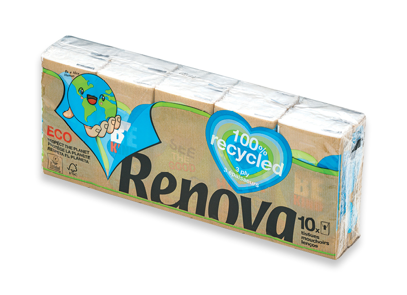 Popierinių nosinaičių pakuotė RENOVA GREEN
			, 
				 10 vnt./pak., 0,08 Eur/vnt