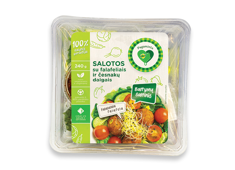 PAGAMINTA IKI salotos su falafeliais ir česnakų daigais