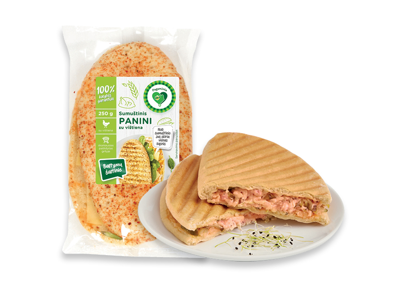 PAGAMINTA IKI sumuštinis PANINI su vištiena, 250 g, 9,16 Eur/kg. Kaina be kortelės 2,49 Eu. Ir IKI EXPRESS