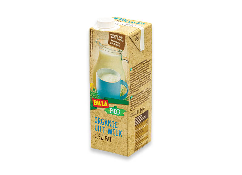 BILLA BIO ekologiškas pienas, 1 l, 1,5 % rieb., 1,99 Eur/vnt. A lygio parduotuvėse