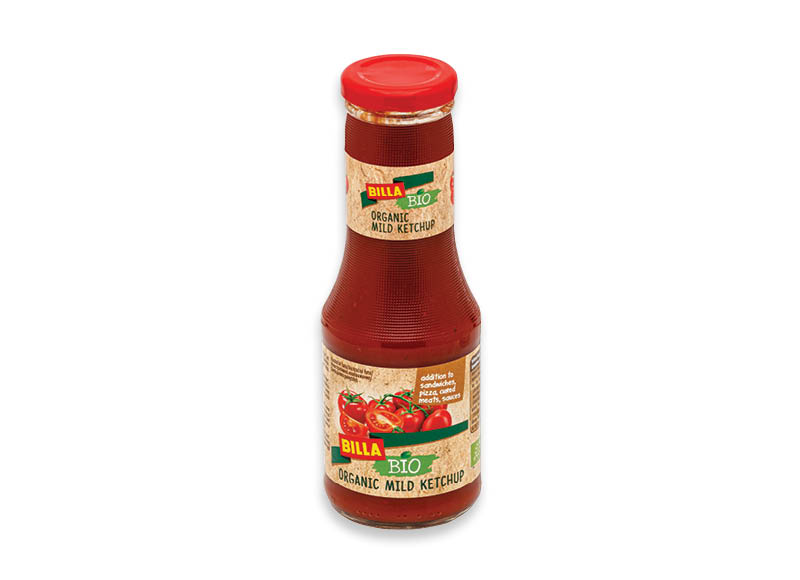 BILLA BIO ekologiškas kečupas, 15 g, 4,73 Eur/kg. A lygio parduotuvėse. Ir IKI EXPRESS