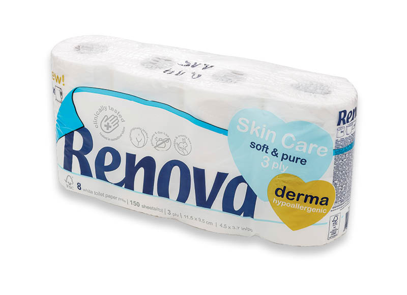 Tualetinis popierius RENOVA SKIN CARE DERMA
			, 
				 8 rit., 4,49 Eur/pak. A lygio parduotuvėse