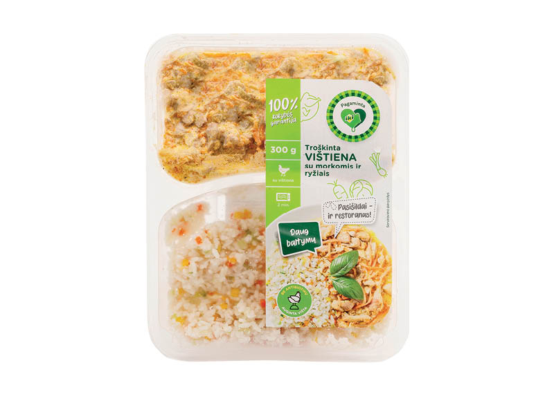 Troškinta vištiena su morkomis ir ryžiais
			, 
				 300 g, 6,63 Eur/kg.A lygio parduotuvėse