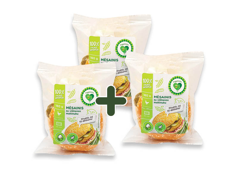 PAGAMINTA IKI mėsainis su vištienos maltinuku, 160 g, 0,95 Eur/vnt. Ir IKI EXPRESS