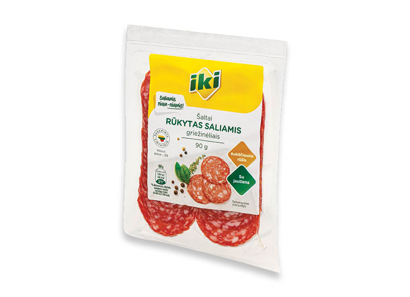 IKI šaltai rūkytas saliamis griež. (su jautiena)
			, 
				 90 g, a.r., 11,00 Eur/kg. A lygio parduotuvėse. Ir IKI EXPRESS