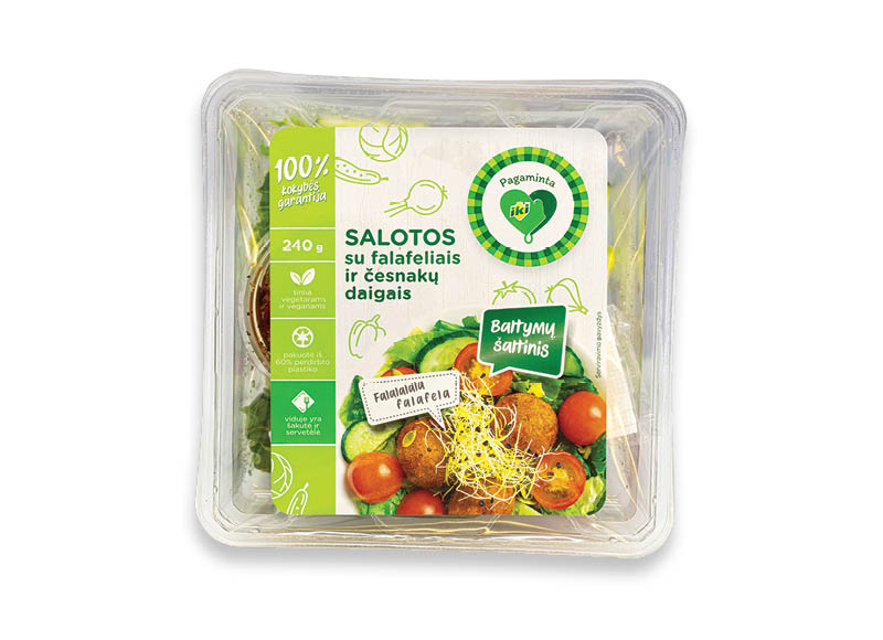 PAGAMINTA IKI salotos su falafeliais ir česnakų daigais
			, 
				 240 g, 12,46 Eur/kg. A lygio parduotuvėse