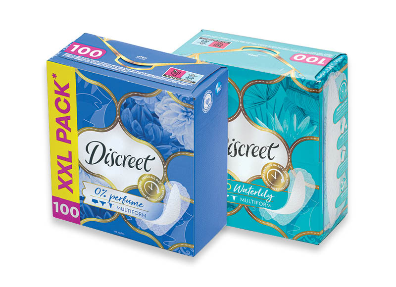 Higieniniams įklotams DISCREET
			, 
				 100 vnt., 2 rūšių, 0,04 Eur/vnt. A lygio parduotuvėse
