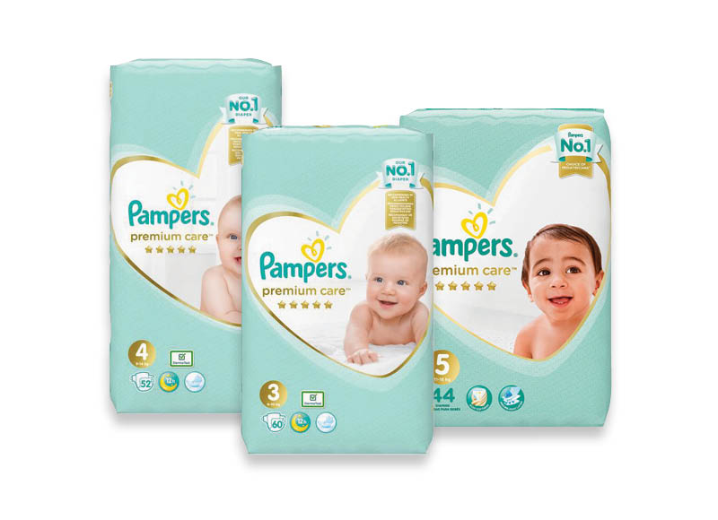 PAMPERS PREMIUM CARE sauskelnėms
			, 
				 44 vnt., 52 vnt., 60 vnt., 3 rūšių. A lygio parduotuvėse