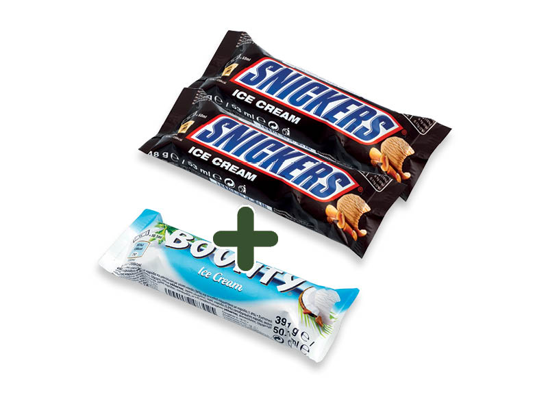 Valgomiesiems ledams SNICKERS ir BOUNTY
			, 
				 4 rūšių, 0,89 Eur/vnt. A lygio parduotuvėse