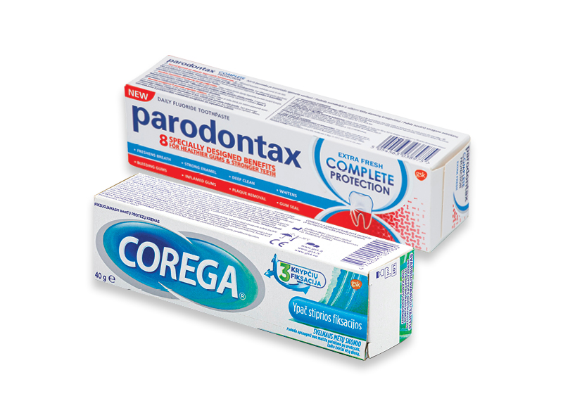 Burnos priežiūros priemonėms PARODONTAX ir COREGA
			, 
				 10 rūšių