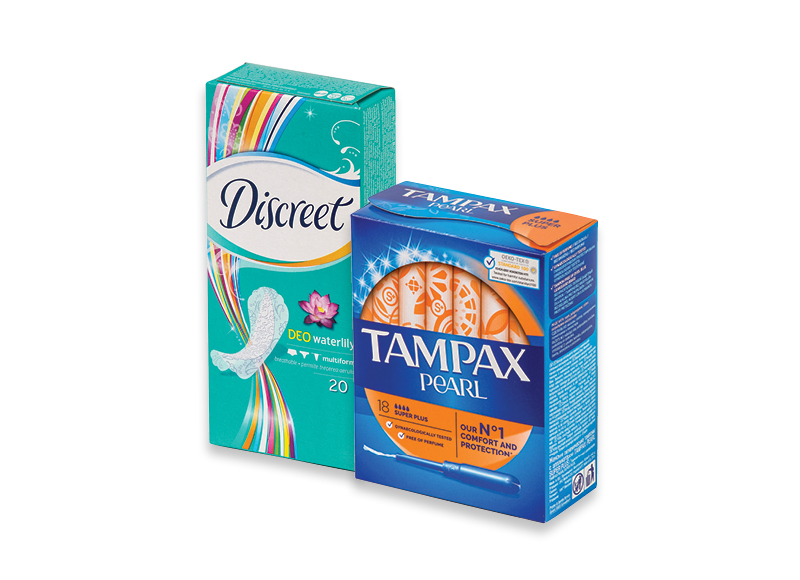 Higieniniams įklotams, tamponams DISCREET ir TAMPAX
			, 
				 9 rūšių