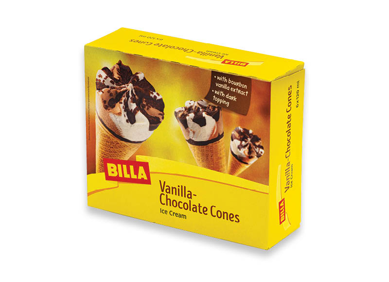 BILLA valgomieji vanilės ir šokolado skonio ledai vafliniame ragelyje
			, 
				 6 x 120 ml, 3,18 Eur/l. A lygio parduotuvėse