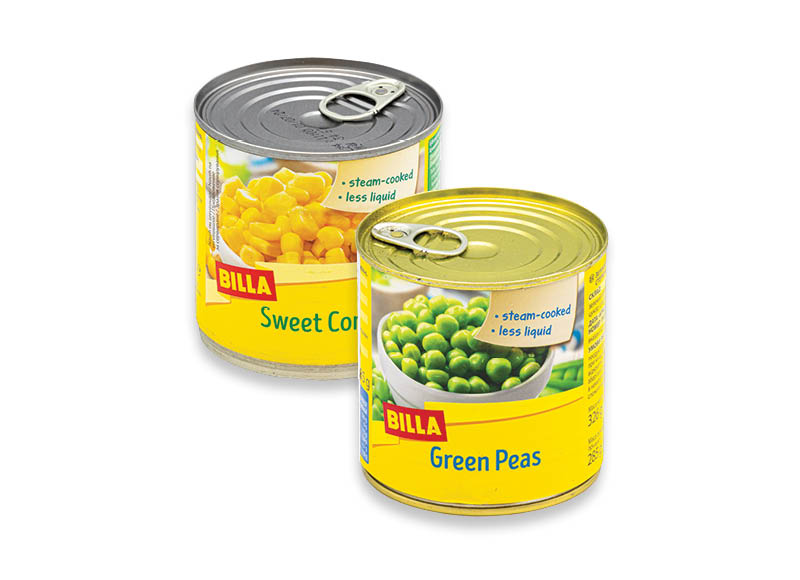 BILLA garuose ruoštiems saldiesiems kukurūzams, žirneliams
			, 
				 425 ml, 2 rūšių, 2,33 Eur/kg. A lygio parduotuvėse