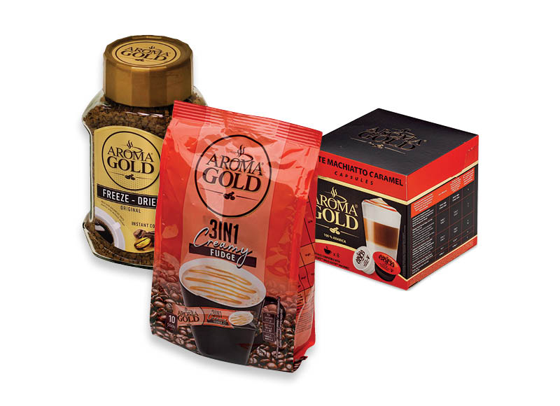 Tirpiai kavai, kavos gėrimams ir kapsulėms AROMA GOLD
			, 
				 įvairių rūšių