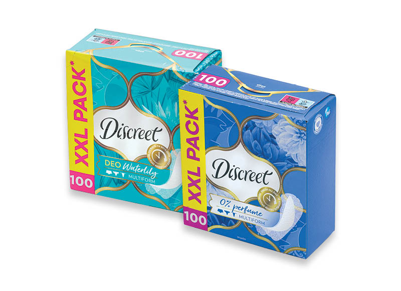 Higieniniams įklotams DISCREET
			, 
				 100 vnt., 2 rūšių, 0,04 Eur/vnt. A lygio parduotuvėse