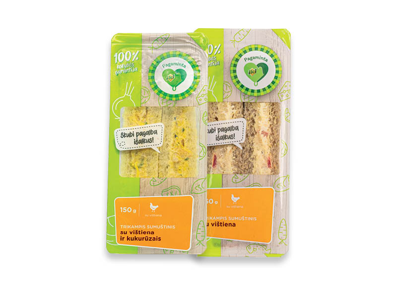 PAGAMINTA IKI Trikampiai sumuštiniai su vištiena
			, 
				 150 g, 2 rūšių, 14,60 Eur/kg