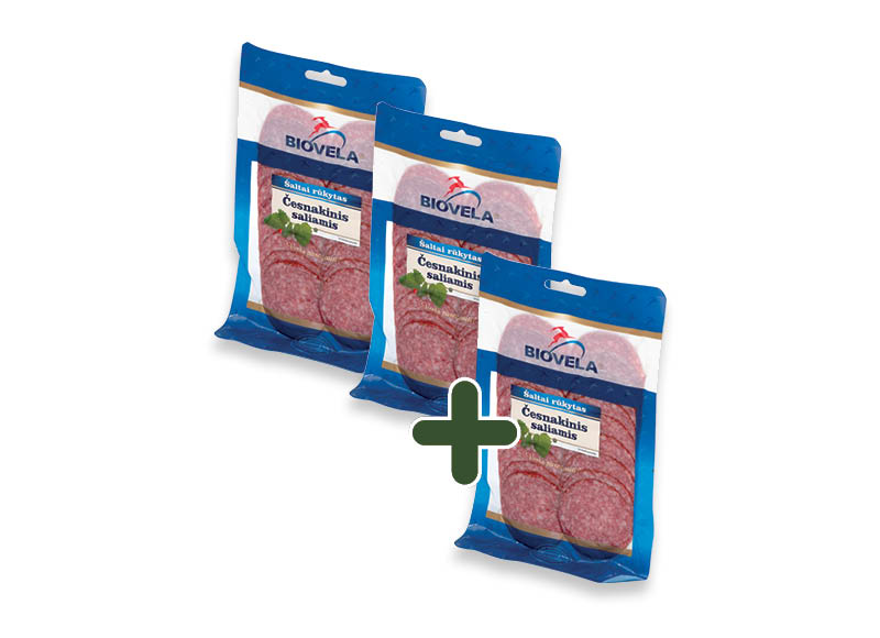 Šaltai rūkytas ČESNAKINIS saliamis griežinėliais
			, 
				 110 g, 1,99 Eur/vnt. Ir IKI EXPRESS