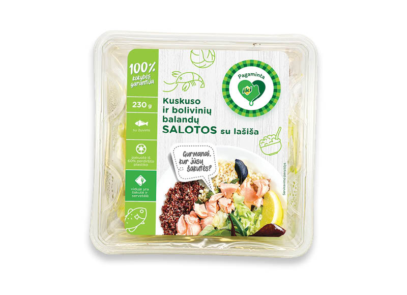 PAGAMINTA IKI kuskuso ir balandų salotos su lašiša
			, 
				 230 g, 14,30 Eur/kg. A lygio parduotuvėse
