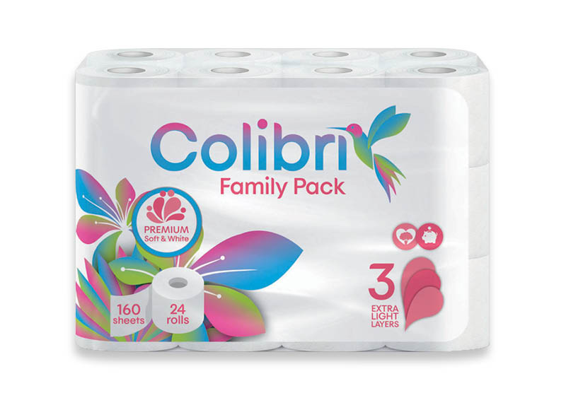 Tualetinis popierius COLIBRI FAMILY PACK
			, 
				 3 sl., 24 vnt., 0,29 Eur/vnt.