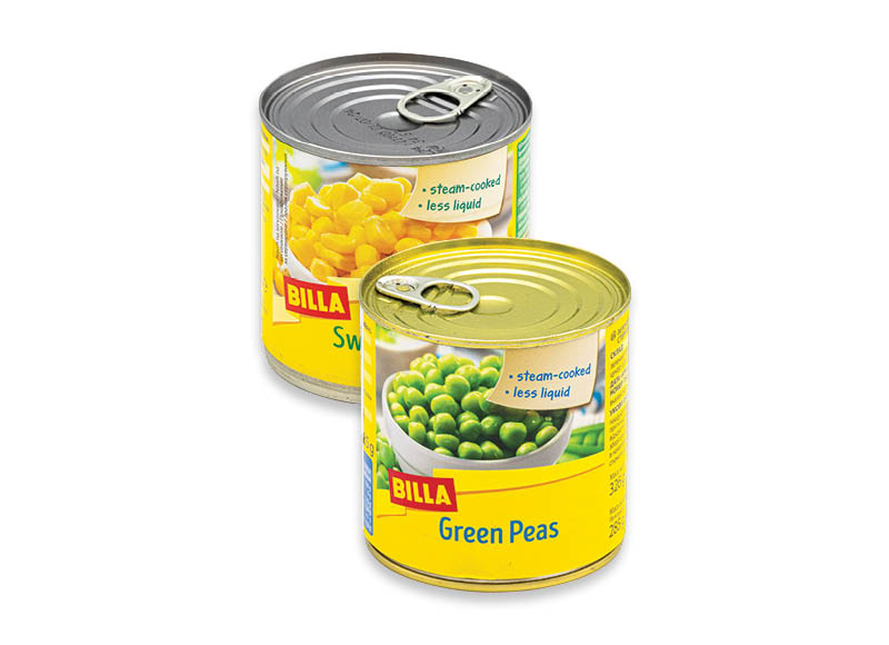 BILLA garuose ruošti žirneliai, kukurūzai
			, 
				 425 ml, 2 rūšių, 2,33 Eur/l. A lygio parduotuvėse