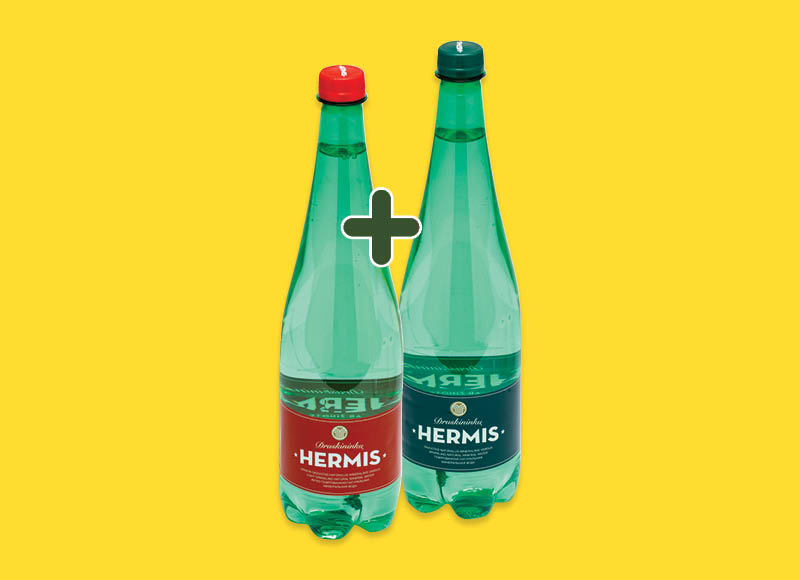 Vanduo HERMIS
			, 
				 1 l, 3 rūšių, 0,69 Eur/vnt., (taros užstato vertė į gėrimo kainą neįskaičiuota). Ir IKI EXPRESS