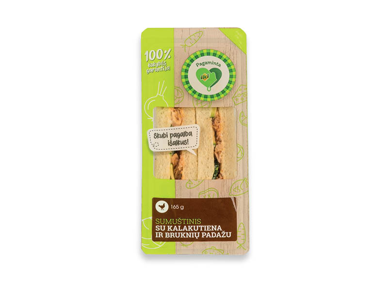 PAGAMINTA IKI trikampis sumuštinis su kalakutiena ir bruknių padažu
			, 
				 165 g, 13,27 Eur/kg. Ir IKI EXPRESS