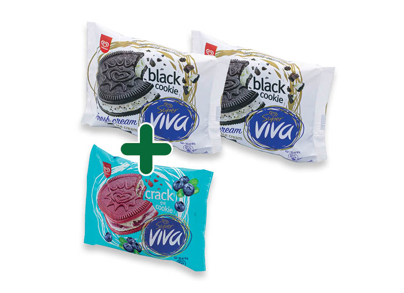 Valgomieji ledai SUPER VIVA tarp sausainių
			, 
				 105 g, 110 g, 2 rūšių, 1,69 Eur/vnt. A lygio parduotuvėse. Ir IKI EXPRESS