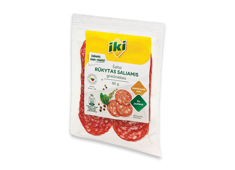 IKI šaltai rūkytas saliamis su jautiena griežinėliais
			, 
				 90 g, a. r., 11,00 Eur/kg